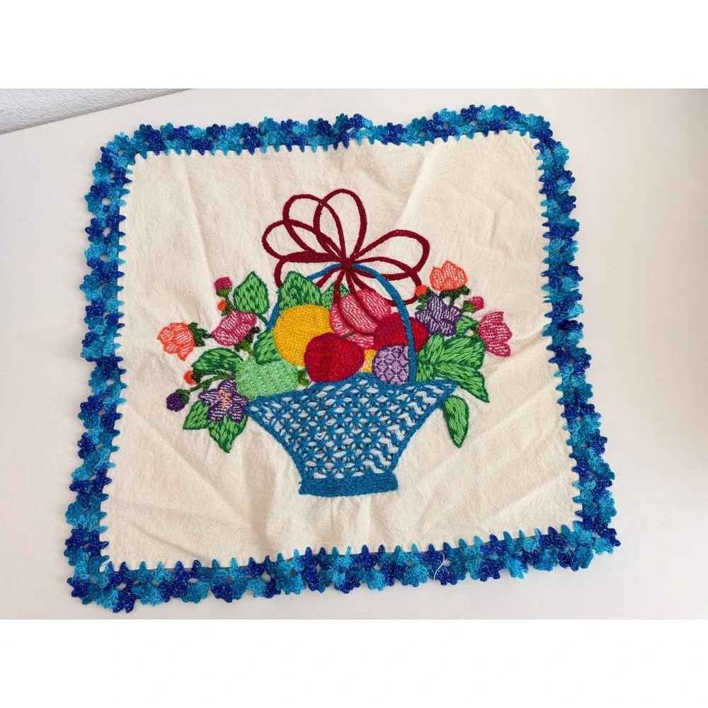 Vintage Hand Embroidered Fruit Basket Linen Napkin Blue Crochet Lace Trim 16x16